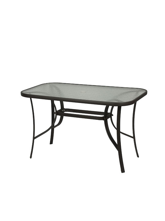 Outdoor Dinner Free Standing Table with Glass Surface and Metal Frame Brown 100x65x71cm
