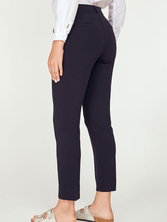 MyCesare Women's Fabric Trousers in Straight Line Navy Blue