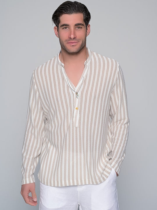 Ben Tailor Men's Shirt Long Sleeve Striped Ekru