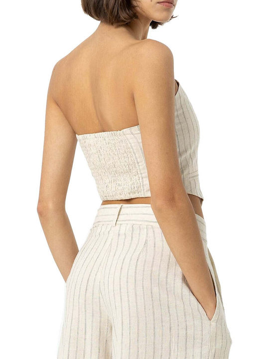 Tiffosi Women's Summer Blouse Linen Strapless Striped Beige