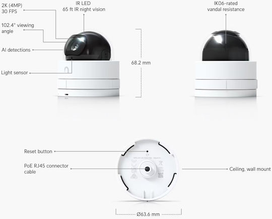 Ubiquiti Unifi G5 Dome Ultra IP Κάμερα Παρακολούθησης Full HD+ 4MP Αδιάβροχη με Αμφίδρομη Επικοινωνία