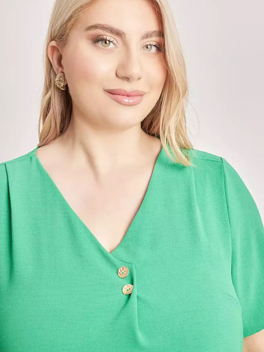 Women's Blouse Short Sleeve with V Neckline Green