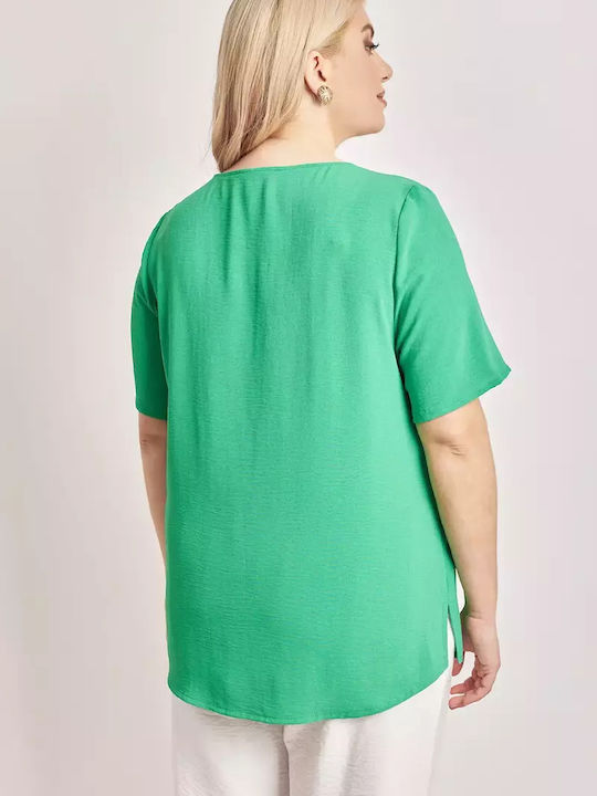 Women's Blouse Short Sleeve with V Neckline Green