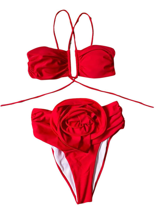 Chicret Set Bikini Brazilia Talie înaltă Floral Roșu