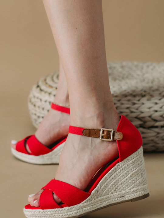 Espadrille Platforms Crossed Design Straw Heel 431.fl237-f Red