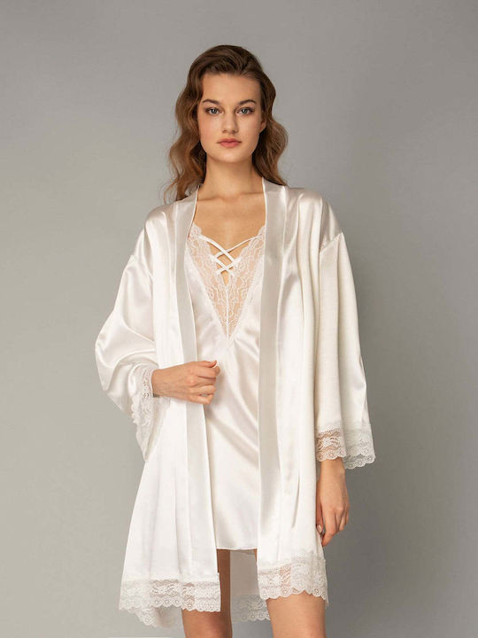 Milena by Paris Sommer Damen Satin Robe Ivory - White