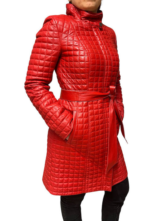 MARKOS LEATHER Women's Short Puffer Artificial Leather Jacket for Winter Red