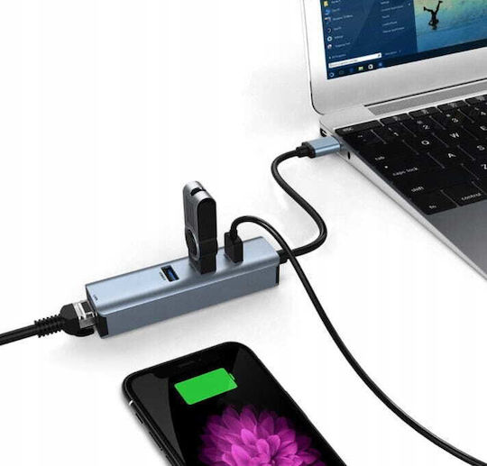 Zenwire USB 3.0 3 Port Hub with USB-A / Ethernet Connection Gray