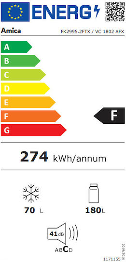 Amica Combină frigorifică 250lt NoFrost Î180xL54.5xA59cm. Alb FK2995.2FT(E)