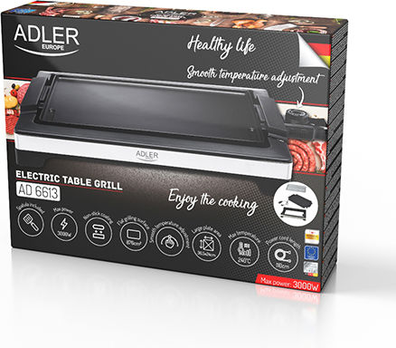 Adler Tabletop Electric Grill Smooth Plate 3000W with Adjustable Thermostat 36.5cmx24cmcm