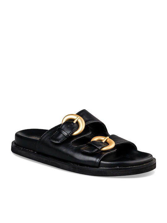 Leather Women's Flat Sandals in Black Color