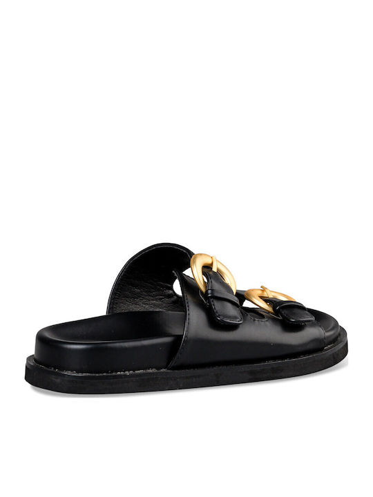 Leather Women's Flat Sandals in Black Color