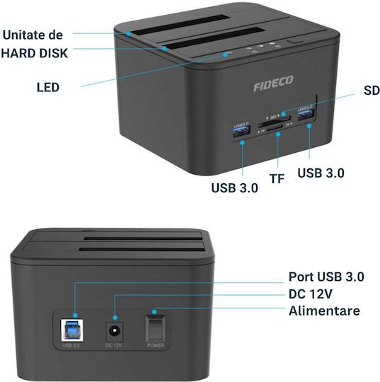 Fideco Docking Station pentru 2 Hard Disk-uri SATA 2.5" / 3.5" cu conectivitate USB 3.1 / USB 3.0