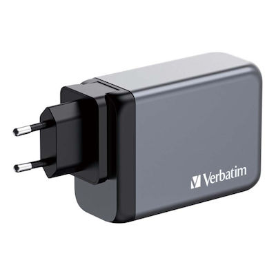 Verbatim Ladegerät ohne Kabel GaN mit USB-A Anschluss und 3 USB-C Anschlüsse Stromlieferung / Schnellaufladung 3.0 Gray (GNC-240)