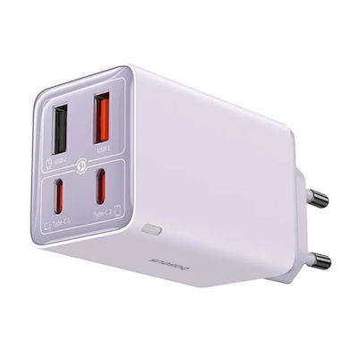 Baseus Încărcător Fără Cablu GaN cu 2 Porturi USB-A și 2 Porturi USB-C 65W Violet (GAN6 Pro)