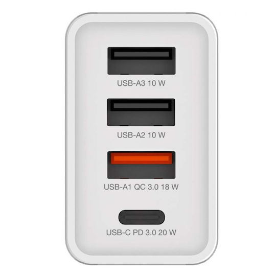 Verbatim Φορτιστής Χωρίς Καλώδιο με 3 Θύρες USB-A και Θύρα USB-C 30W Power Delivery / Quick Charge 3.0 Λευκός (CHR-30EU2)