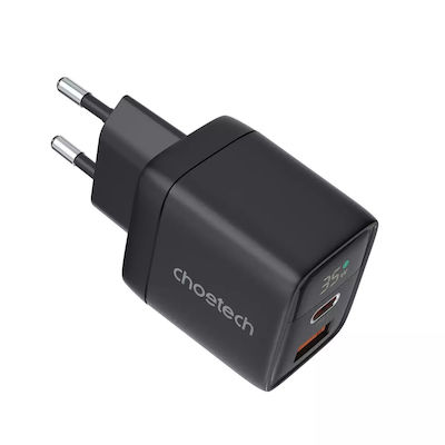 Choetech Încărcător Fără Cablu GaN cu Port USB-A și Port USB-C 35W Livrarea energiei Negruς (PD6052)