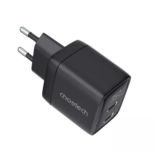 Choetech Încărcător Fără Cablu GaN cu 2 Porturi USB-C 35W Livrarea energiei Negruς (PD6051)