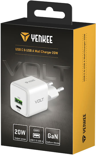 Yenkee Charger Without Cable GaN with USB-A Port and USB-C Port 38W Power Delivery / Quick Charge 4.0 Whites (YAC G38)