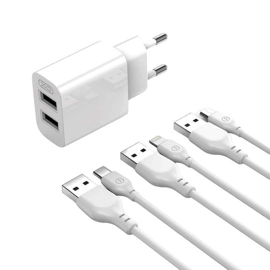 XO Charger with 2 USB-A Ports and Cable Lightning Whites (L109)
