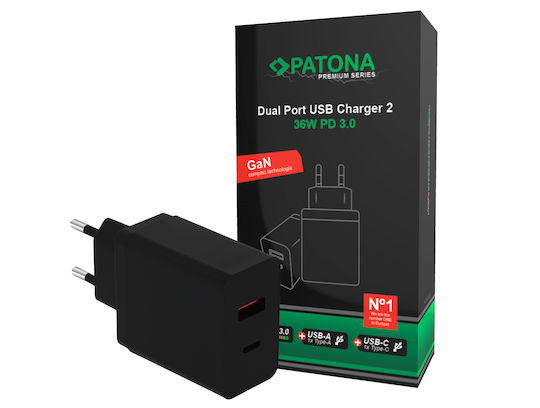 Patona Зарядно Устройство Без Кабел с USB-A Изходен Порт и USB-C Изходен Порт 36W Power Delivery Черно (IM1132)