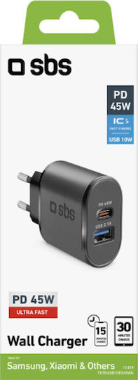 SBS Φορτιστής Χωρίς Καλώδιο με Θύρα USB-C 45W Power Delivery Μαύρος (Sbs Travel Ports Black)