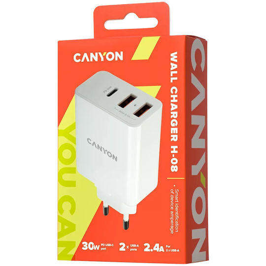 Canyon Φορτιστής Χωρίς Καλώδιο με 2 Θύρες USB-A και Θύρα USB-C 30W Power Delivery Λευκός (CNE-CHA08)
