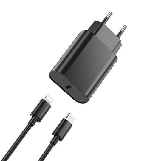 Wiwu Charger with USB-C Port and Cable USB-C - Lightning 20W Power Delivery Blacks (WI-U001)
