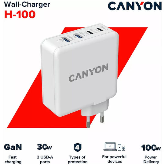 Canyon Зарядно Устройство Без Кабел GaN С 2 USB-A Изходни Порта И 2 USB-C Изходни Порта 100W Power Delivery / Quick Charge 3.0 Бял (H-100 CND-CHA100W01)