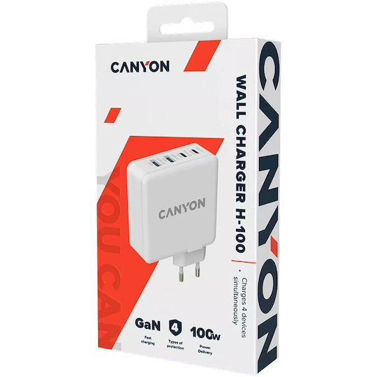 Canyon Зарядно Устройство Без Кабел GaN С 2 USB-A Изходни Порта И 2 USB-C Изходни Порта 100W Power Delivery / Quick Charge 3.0 Бял (H-100 CND-CHA100W01)