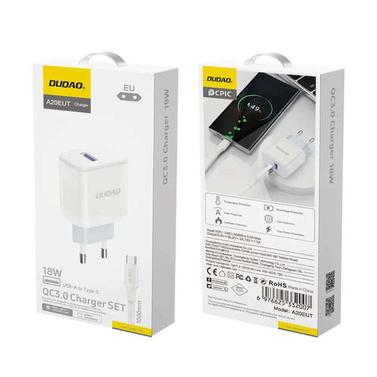 Dudao Φορτιστής με Θύρα USB-A και Καλώδιο USB-C 18W Λευκός (A20EU)