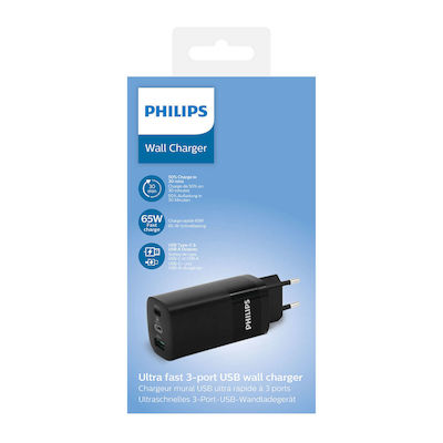 Philips Încărcător Fără Cablu cu Port USB-A și 2 Porturi USB-C 65W Livrarea energiei Negruς (DLP2681/12)