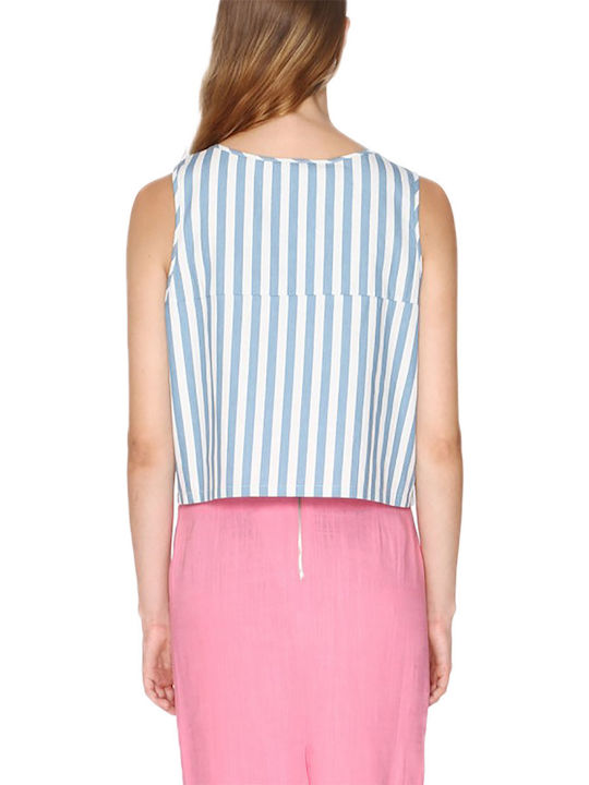 Pepaloves Αμάνικο Crop Τοπ Λευκό Denim Ρίγες Regular Fit 107806