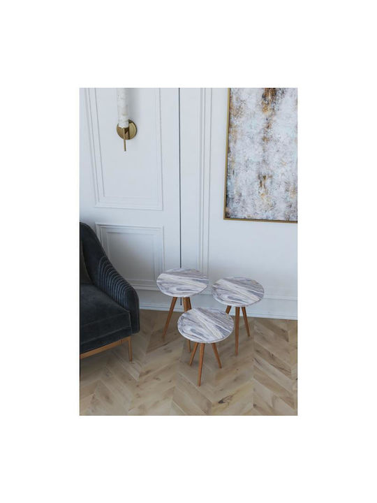Round Side Table Bisi from Solid Wood Grey / Marble face 3pcs L33.5xW33.5xH52cm.