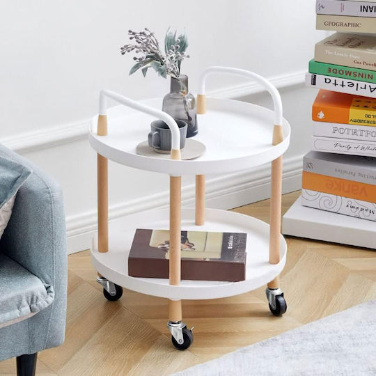 Round Side Metal Coffee Table with Wheels White / Natural W48xL48xH51.5cm