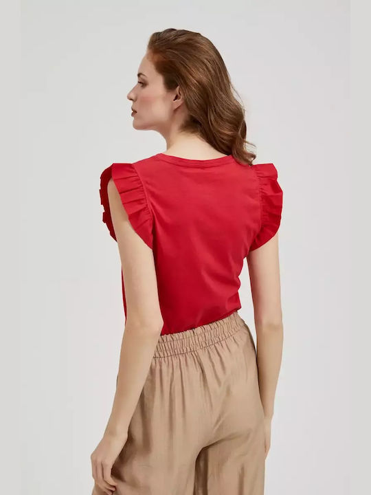 Make your image Damen Bluse Baumwolle Kurzärmelig mit V-Ausschnitt Red