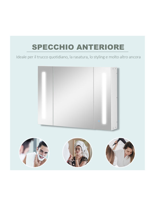 Kleankin Bathroom Mirror Led with Shelf & Cabinet 90x15cm White
