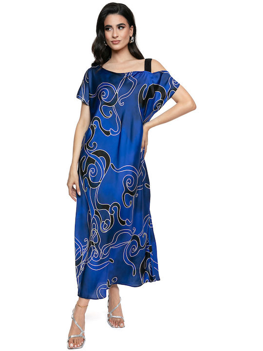 Rochie lungă albastră cu model abstract și umeri goi