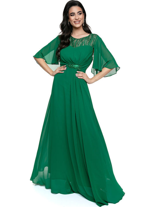 Rochie Verde Maxi de Seara cu Dantelă Detalii