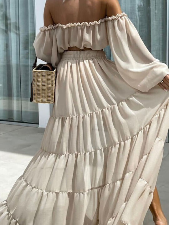 Woman's Fashion Maxi Dress with Ruffle Ecru