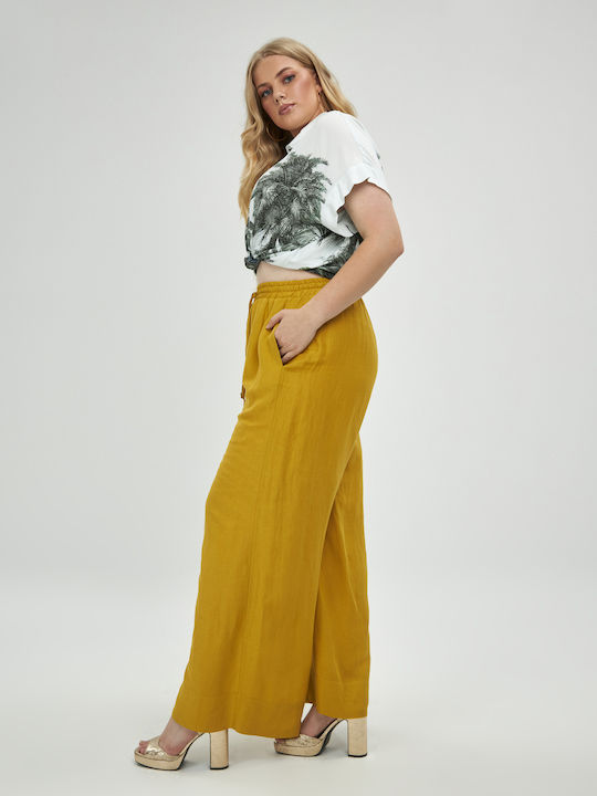 Mat Fashion Women's Linen Trousers with Elastic Yellow