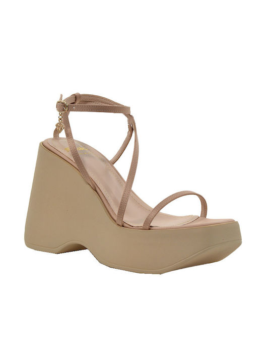 Mairiboo for Envie M03-17555 Women's Synthetic Leather Ankle Strap Platforms Beige