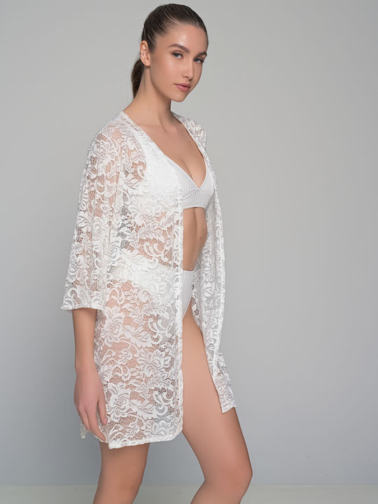 Milena by Paris Γυναικείο Μακρύ Κιμονό Παραλίας Λευκό