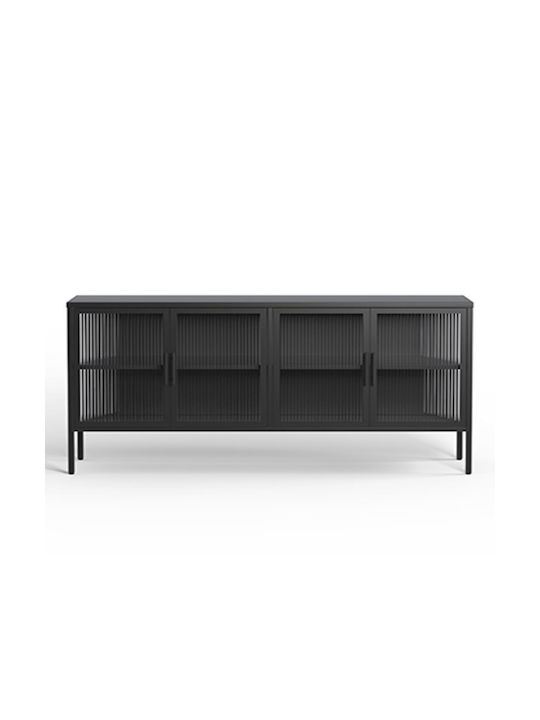 TV Stand with Glass Surface Black Velvet-Black Metal L150xW35xH80cm