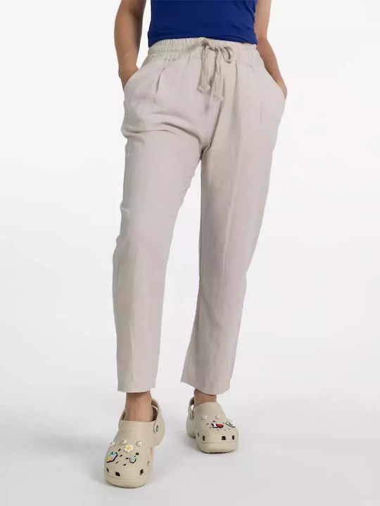 Leinenhose mit weitem Bein und Taschen Beige