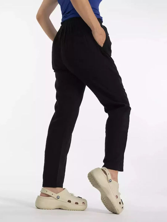 Leinenhose mit weitem Bein und Taschen - Schwarz