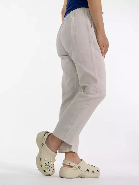 Leinenhose mit weitem Bein und Taschen Beige