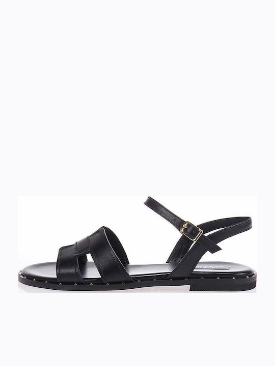 Leather Women's Flat Sandals in Black Color