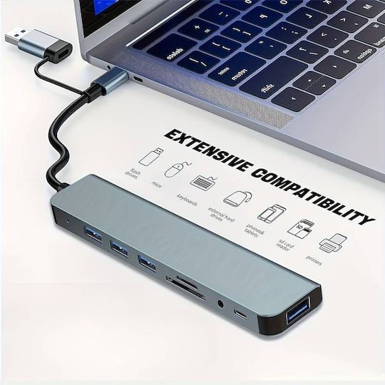 USB Hub 5 USB 3.0 Ports with USB-A USB-C Connection Gray
