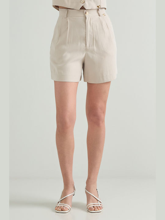 Fabric Shorts Pleats Pockets Beige